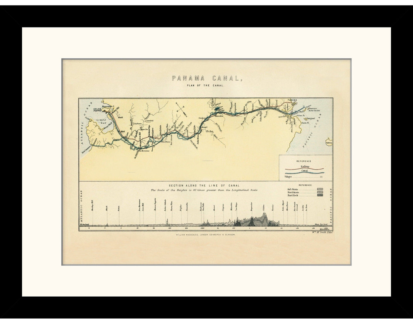 Plan of the Panama Canal showing railways, villages and rock sections along the canal